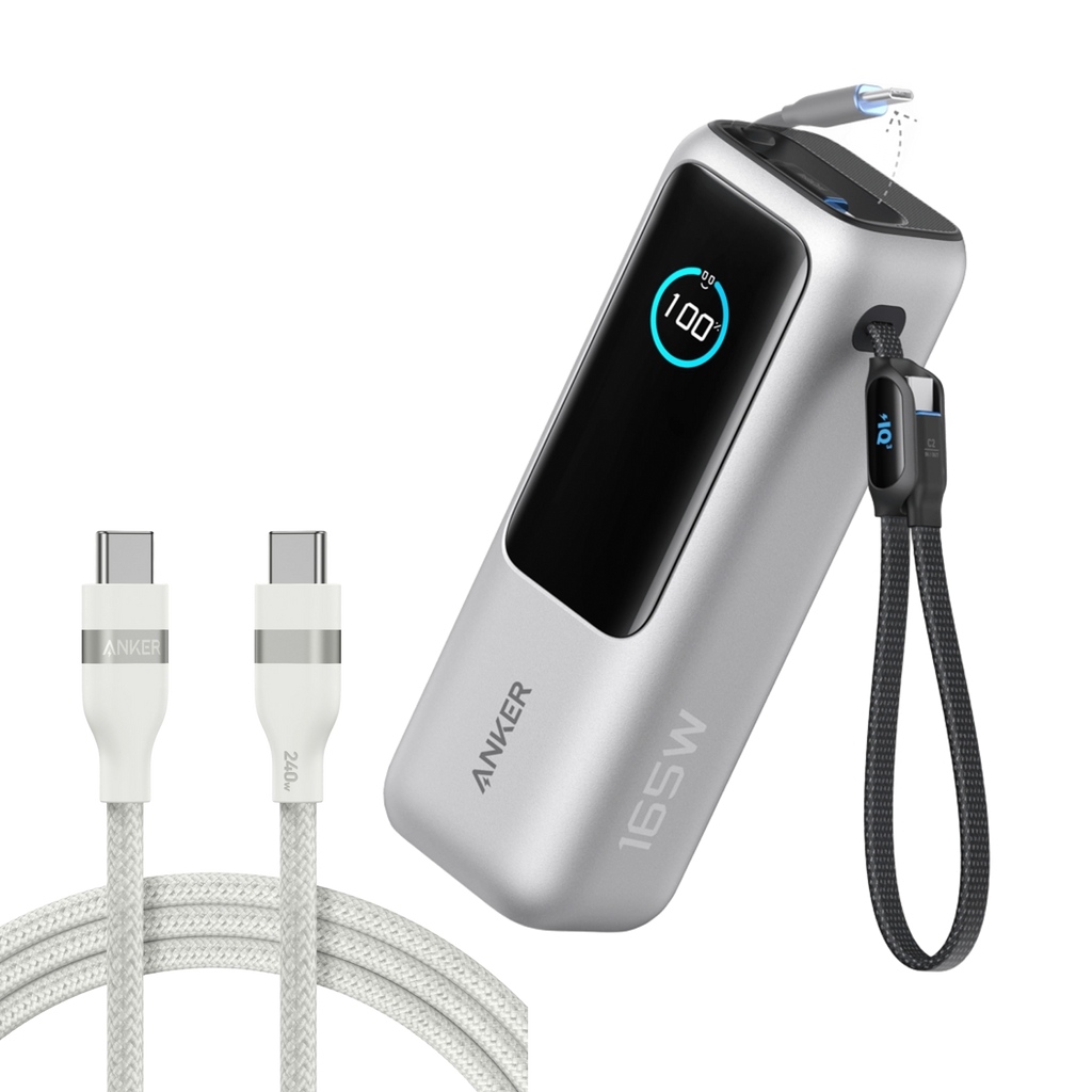 Anker Laptop Power Bank (25K, 165W, Built-In and Retractable Cables) and Anker USB-C to USB-C Cable (6 ft, 240W, Upcycled-Braided)