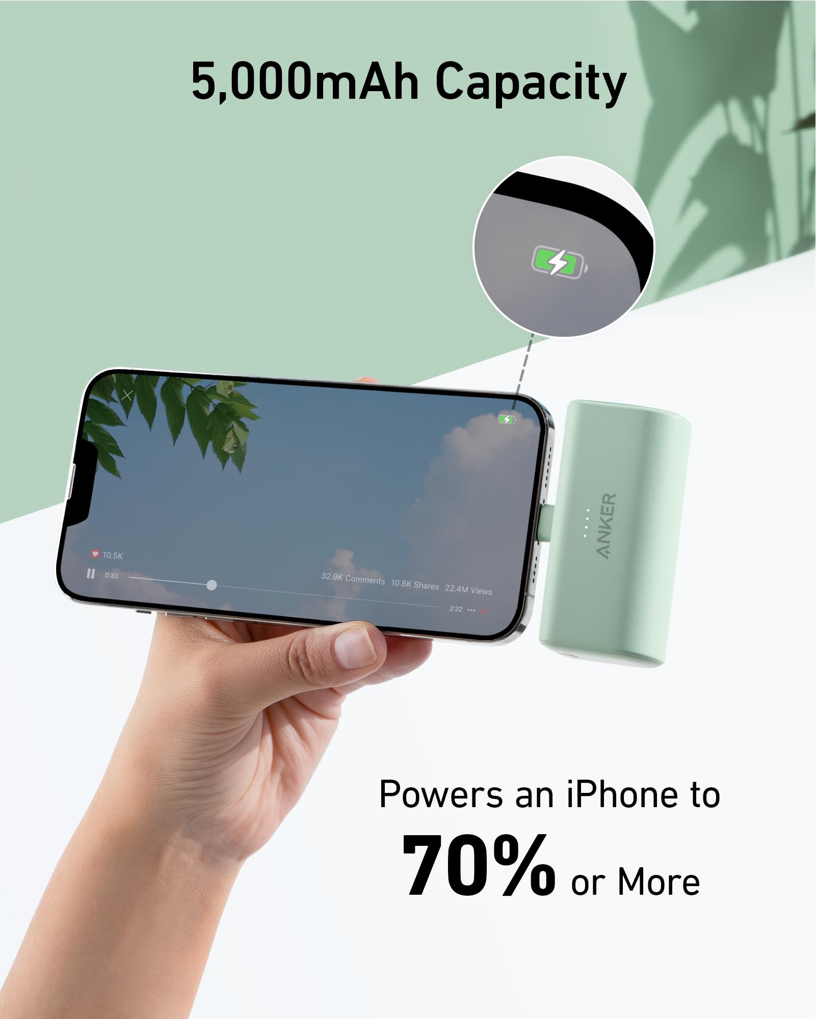Anker with iPhone charging, 5000mAh capacity display